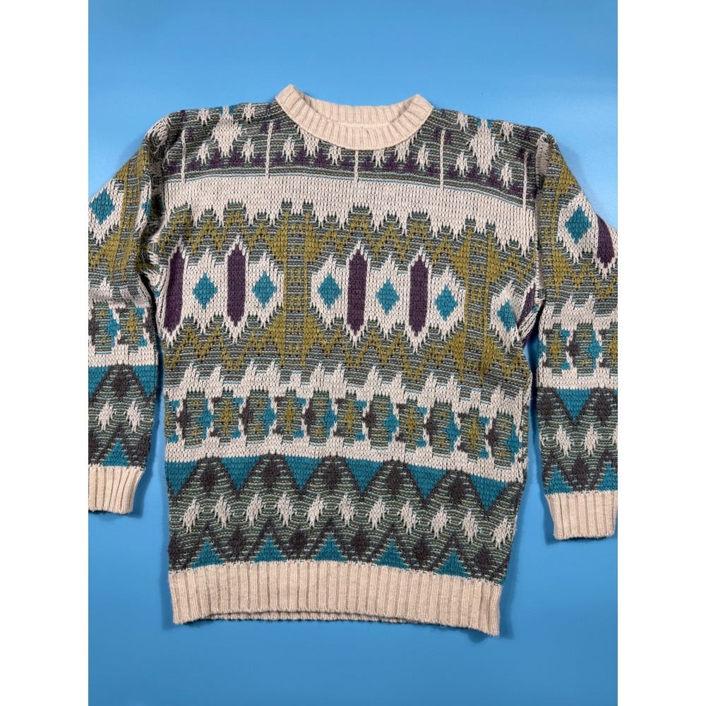 Vintage Geometric Fair Isle Crewneck‎ Sweater Teal Purple Olive Cream Retro Knit